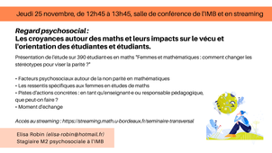 Séminaire à l'IMB - Regard psychosocial : les croyances autour des maths et leurs impacts sur l'orientation